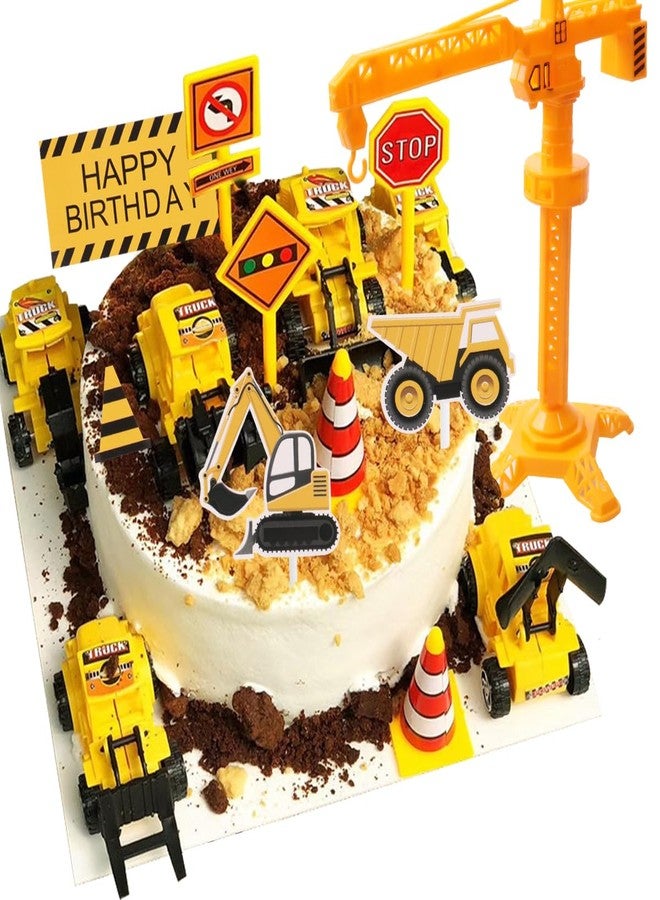 Tnstk Construction Cake Topper, 18 PCS Construction Cake Decorations Set Excavator Tower Crane Cupcake Topper Traffic and Road Sign Decor Happy Birthday Party Supplies - Image 1